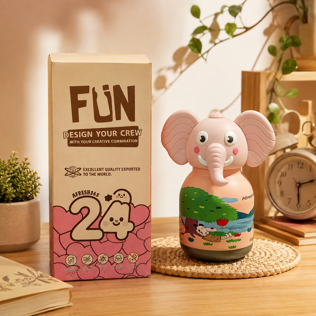Afresh365 200ml Kids Water Bottle – Vacuum Insulated Stainless Steel Water Bottle with Straw, Cute Elephant Character Drinking Bottle for Boys & Girls, Hot & Cold Water Bottle for School, Travel, Picnic & Everyday Use