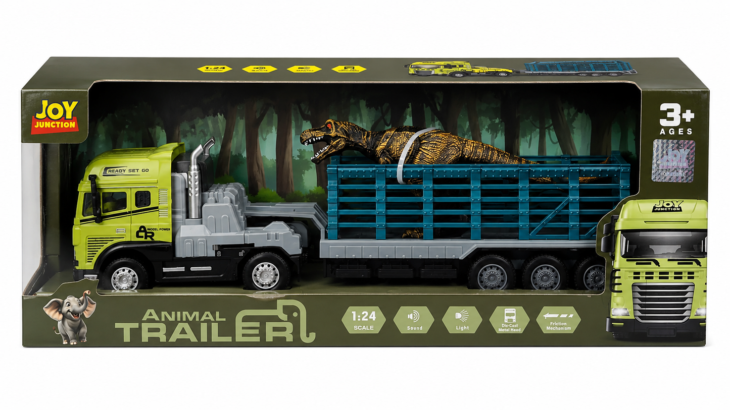 Joy Junction 1:24 Scale Alloy Animal Trailer Truck Toy with Dinosaur, Light & Sound – 29 cm Large Truck