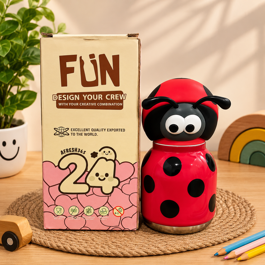 Afresh365 200ml Kids Stainless Steel Vacuum Insulated Water Bottle with Straw & Ladybug Cute Character Lid | Leak-Proof Silicone Sipper Bottle for Boys & Girls | Hot & Cold Water Bottle for School, Travel & Birthday Gift