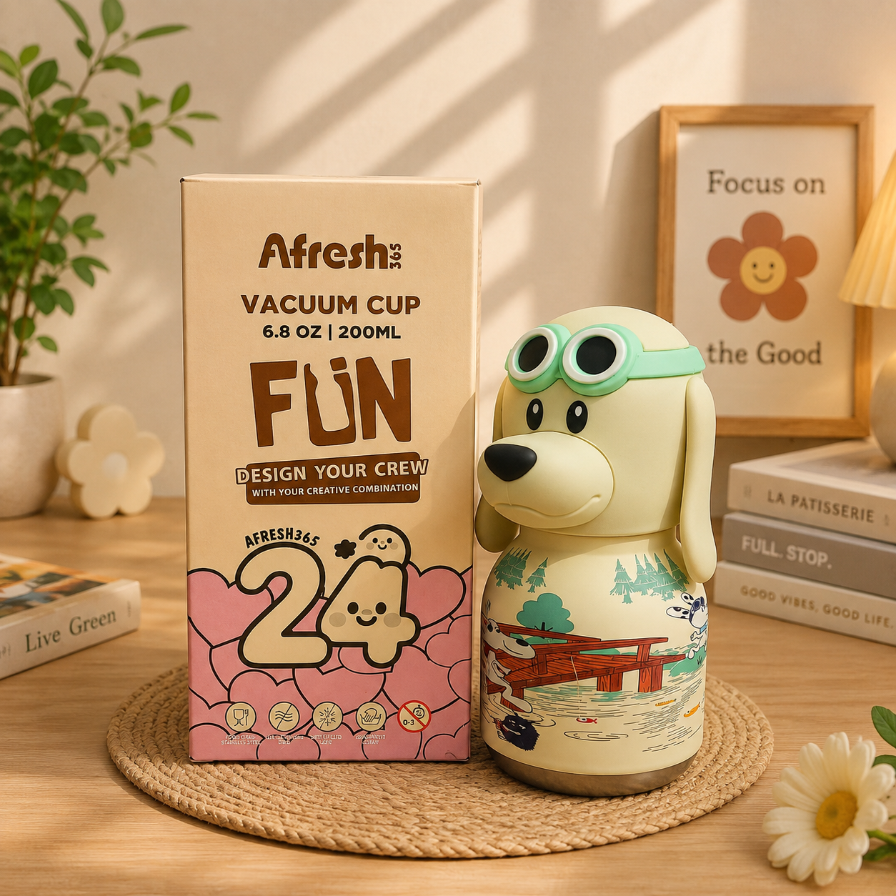 Afresh365 200ml Kids Stainless Steel Vacuum Insulated Water Bottle with Straw & White Dog Cute Character Lid | Leak-Proof Silicone Sipper Bottle for Boys & Girls | Hot & Cold Water Bottle for School, Travel & Birthday Gift