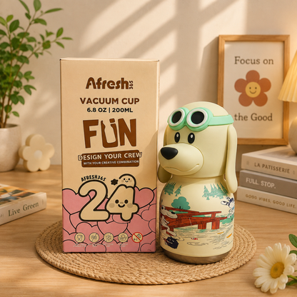 Afresh365 200ml Kids Stainless Steel Vacuum Insulated Water Bottle with Straw & White Dog Cute Character Lid | Leak-Proof Silicone Sipper Bottle for Boys & Girls | Hot & Cold Water Bottle for School, Travel & Birthday Gift