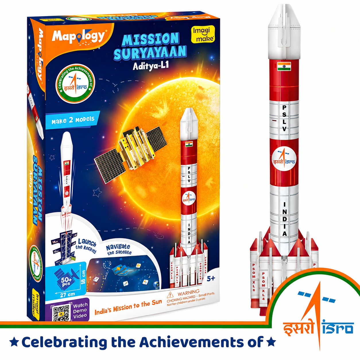 Imagi Make Mapology Mission Suryayaan Aditya-L1 50+ Pcs Rocket & Satellite Model Building Kit for Kids | Make 2 Models | Launch the Rocket & Navigate the Satellite | India’s Mission to the Sun Educational STEM Space Toy