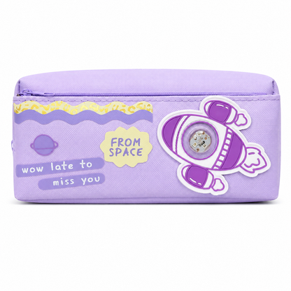 Purple Space Rocket Pencil Case for Kids – Box-Shaped School Pencil Pouch with Zipper Storage & Astronaut Design