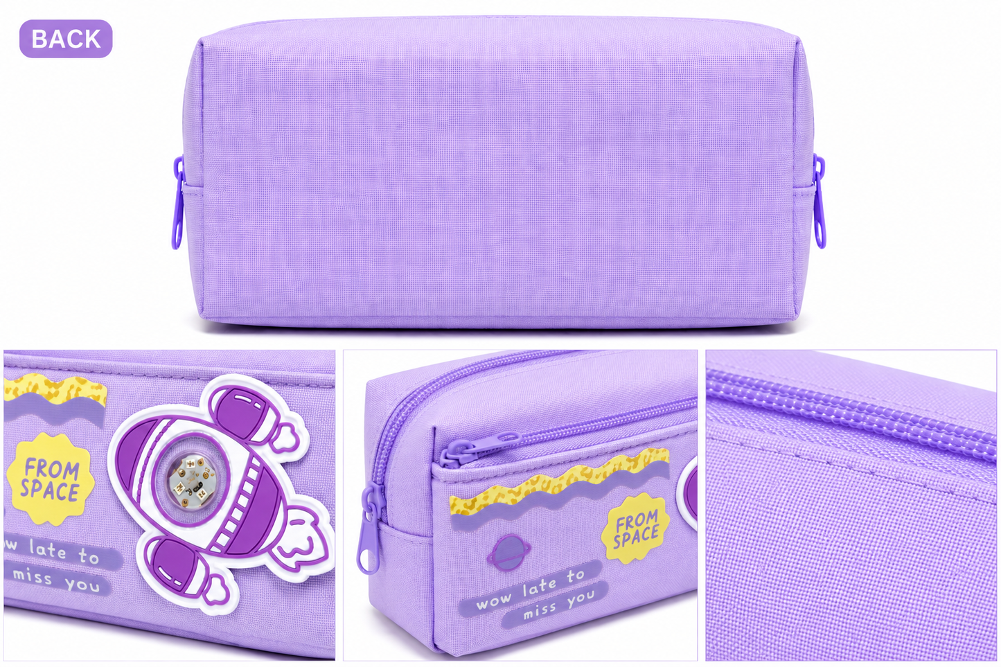 Purple Space Rocket Pencil Case for Kids – Box-Shaped School Pencil Pouch with Zipper Storage & Astronaut Design