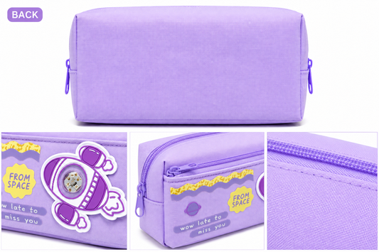 Purple Space Rocket Pencil Case for Kids – Box-Shaped School Pencil Pouch with Zipper Storage & Astronaut Design