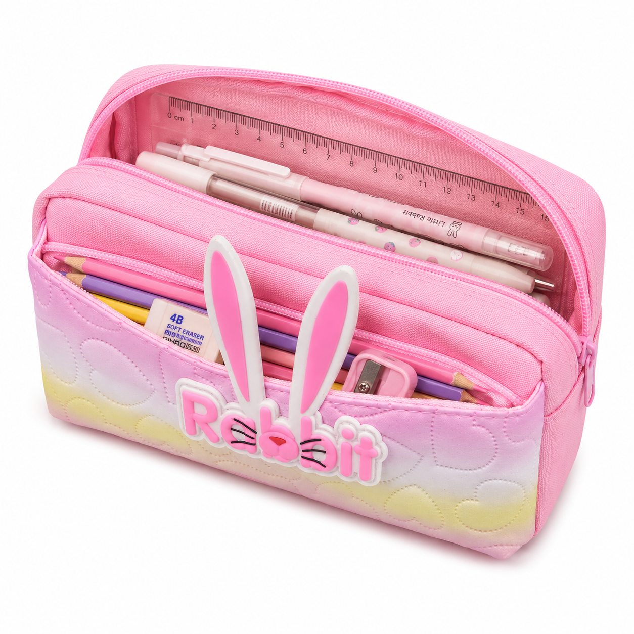 Cute Rabbit Pencil Case for Girls – Pink Box-Shaped School Pencil Pouch with Bunny Ears & Zipper Storage