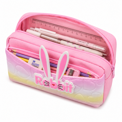 Cute Rabbit Pencil Case for Girls – Pink Box-Shaped School Pencil Pouch with Bunny Ears & Zipper Storage