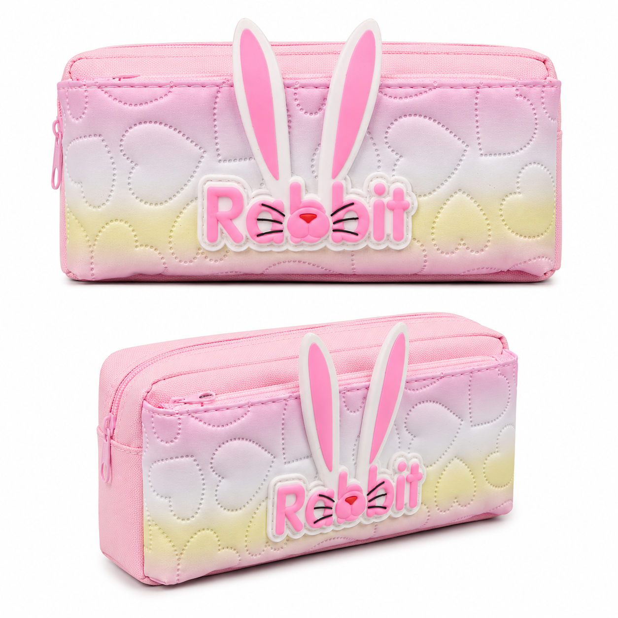 Cute Rabbit Pencil Case for Girls – Pink Box-Shaped School Pencil Pouch with Bunny Ears & Zipper Storage