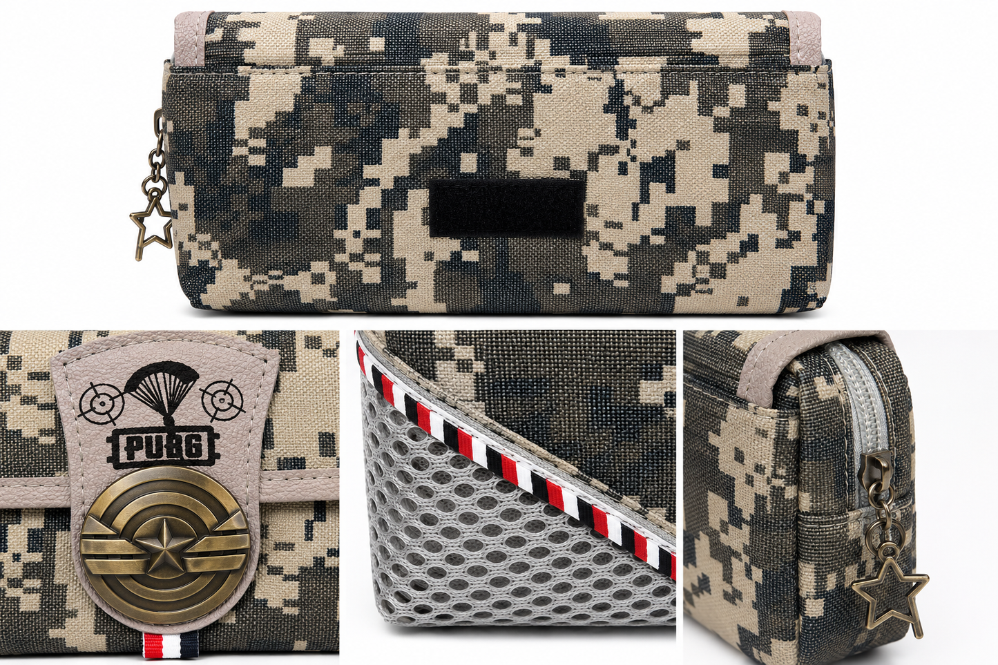 PUBG Camouflage Pencil Case for Kids – Beige & Black Box-Shaped School Pencil Pouch with Zipper Storage & Star Emblem
