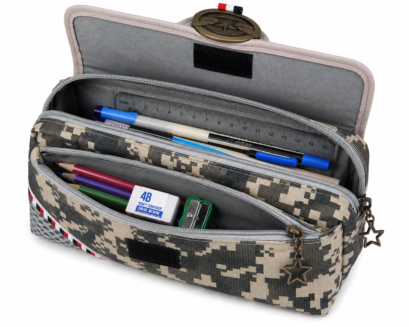 PUBG Camouflage Pencil Case for Kids – Beige & Black Box-Shaped School Pencil Pouch with Zipper Storage & Star Emblem