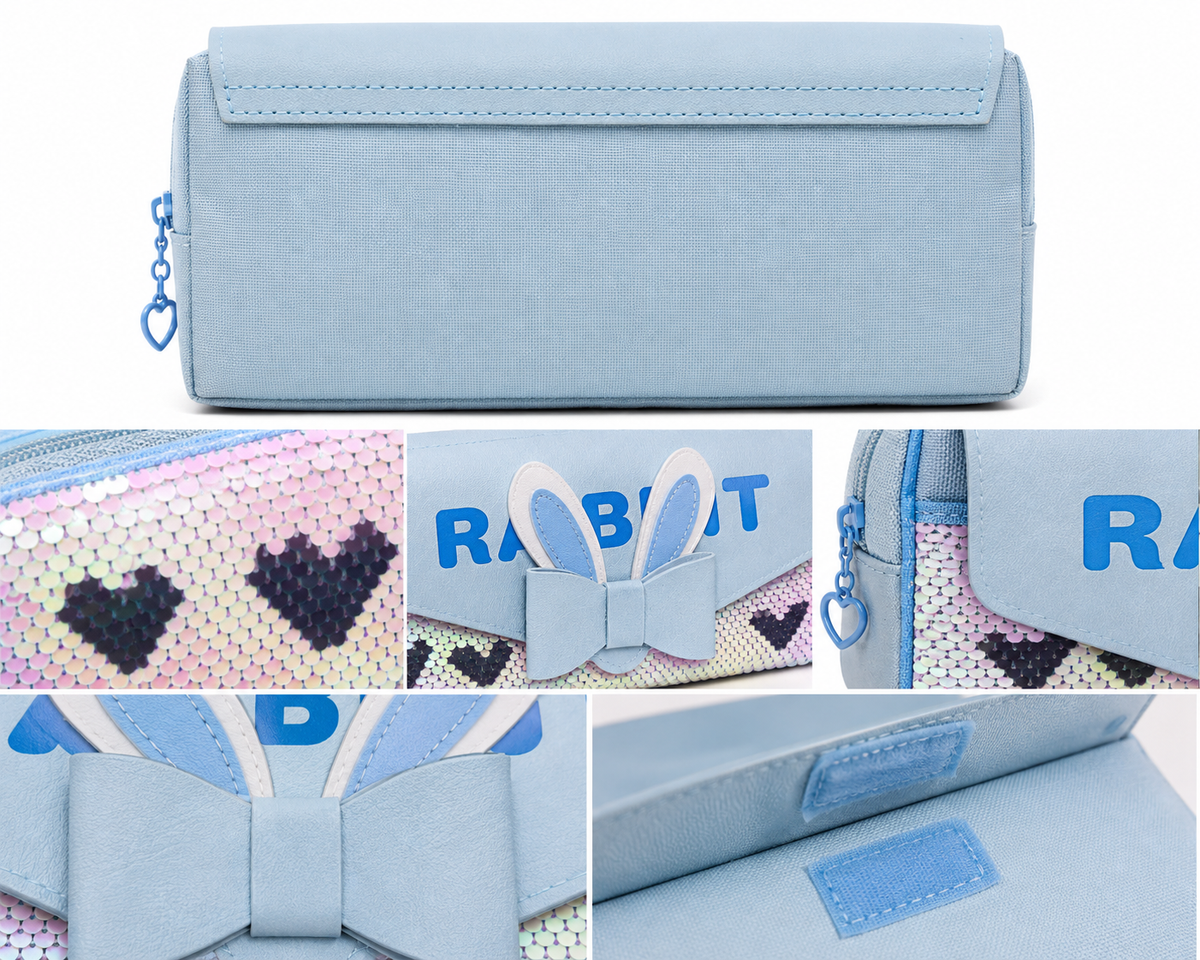 Rabbit Sequin Pencil Case for Girls – Blue Bunny Bow Design Box-Shaped School Pencil Pouch with Zipper & Flip Sequin Design