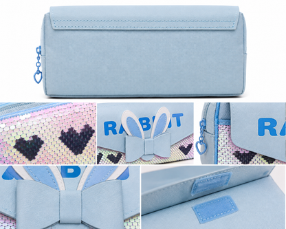 Rabbit Sequin Pencil Case for Girls – Blue Bunny Bow Design Box-Shaped School Pencil Pouch with Zipper & Flip Sequin Design