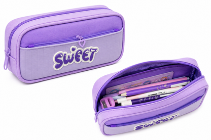 Sweet Pencil Case for Girls – Purple Box-Shaped School Pencil Pouch with Heart Zipper Charm & Front Pocket