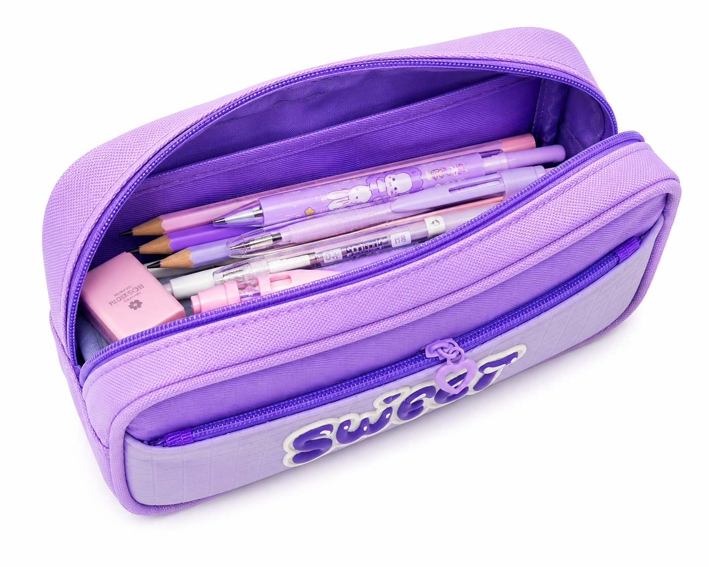 Sweet Pencil Case for Girls – Purple Box-Shaped School Pencil Pouch with Heart Zipper Charm & Front Pocket
