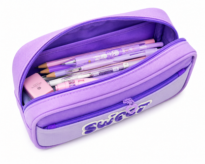 Sweet Pencil Case for Girls – Purple Box-Shaped School Pencil Pouch with Heart Zipper Charm & Front Pocket
