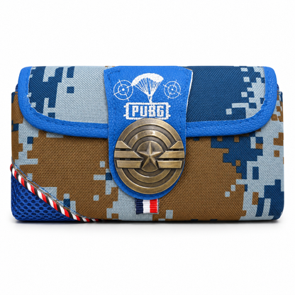 PUBG Camouflage Pencil Case for Kids – Blue & Brown Box-Shaped School Pencil Pouch with Multiple Zippers & Flap Design