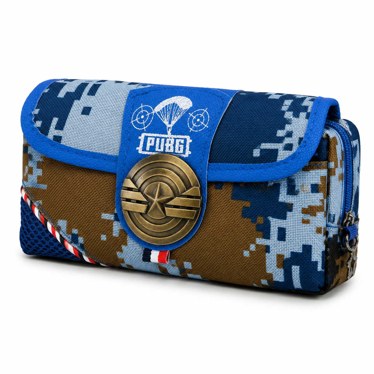 PUBG Camouflage Pencil Case for Kids – Blue & Brown Box-Shaped School Pencil Pouch with Multiple Zippers & Flap Design