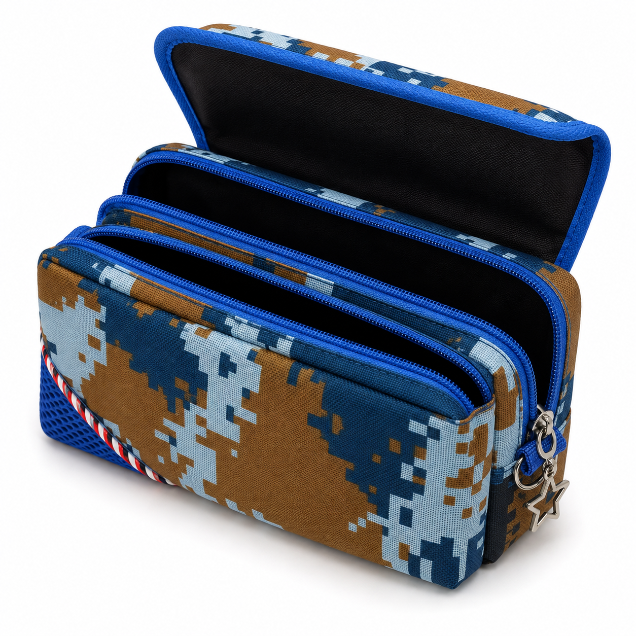 PUBG Camouflage Pencil Case for Kids – Blue & Brown Box-Shaped School Pencil Pouch with Multiple Zippers & Flap Design