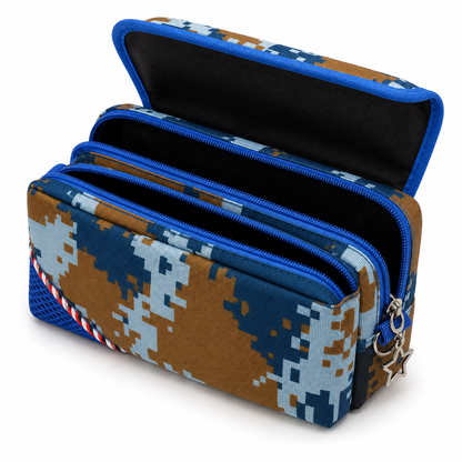 PUBG Camouflage Pencil Case for Kids – Blue & Brown Box-Shaped School Pencil Pouch with Multiple Zippers & Flap Design