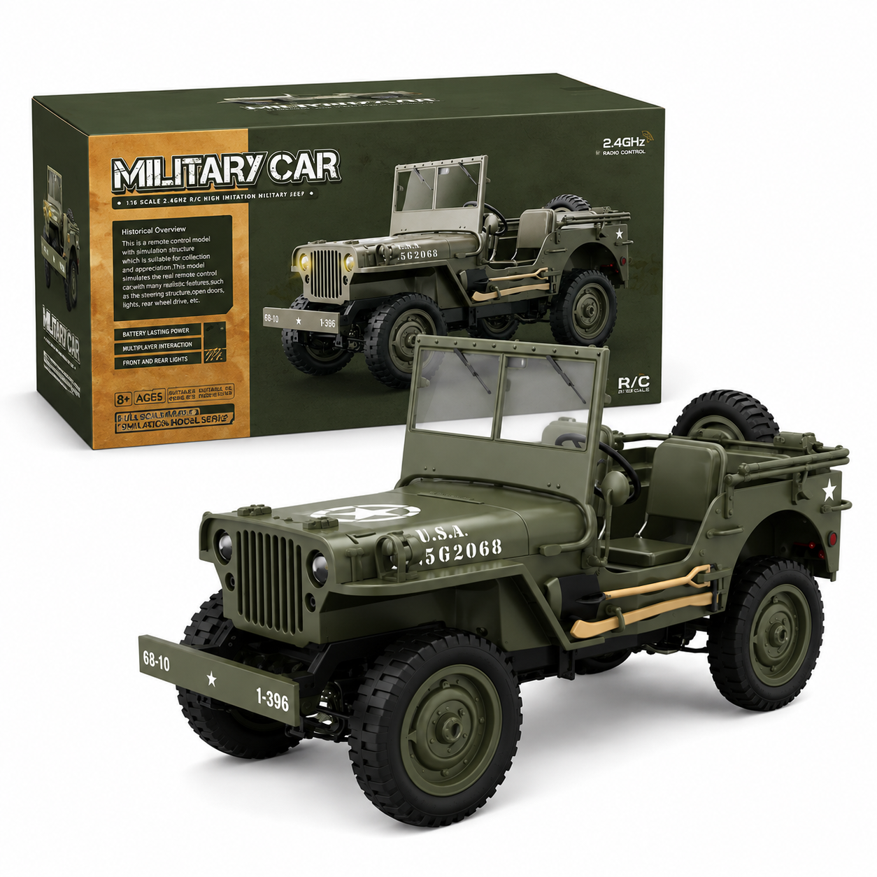 RC Willys Army Jeep 1:10 Scale 4x4 Off-Road Rock Crawler with 2.4GHz Remote Control, LED Lights & Rechargeable Battery | Military RC Jeep for Kids & Adults