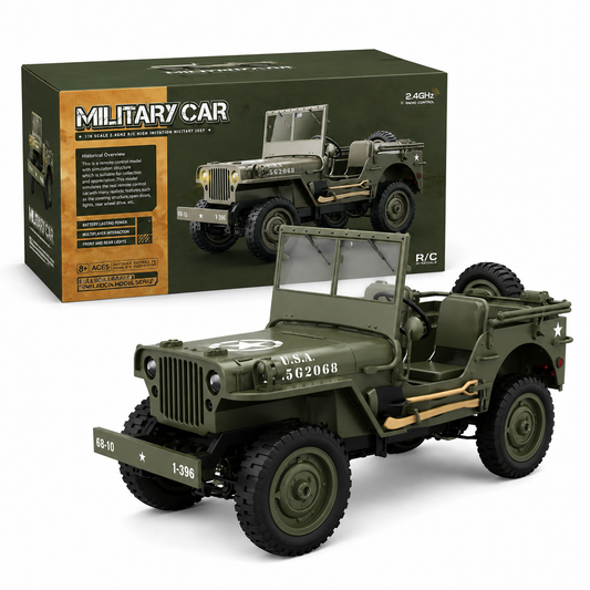 RC Willys Army Jeep 1:10 Scale 4x4 Off-Road Rock Crawler with 2.4GHz Remote Control, LED Lights & Rechargeable Battery | Military RC Jeep for Kids & Adults