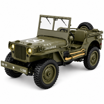 RC Willys Army Jeep 1:10 Scale 4x4 Off-Road Rock Crawler with 2.4GHz Remote Control, LED Lights & Rechargeable Battery | Military RC Jeep for Kids & Adults
