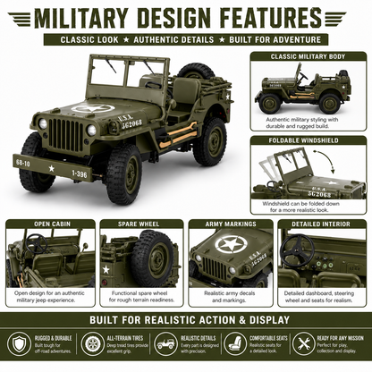 RC Willys Army Jeep 1:10 Scale 4x4 Off-Road Rock Crawler with 2.4GHz Remote Control, LED Lights & Rechargeable Battery | Military RC Jeep for Kids & Adults