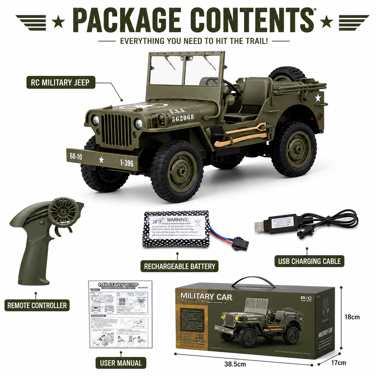 RC Willys Army Jeep 1:10 Scale 4x4 Off-Road Rock Crawler with 2.4GHz Remote Control, LED Lights & Rechargeable Battery | Military RC Jeep for Kids & Adults