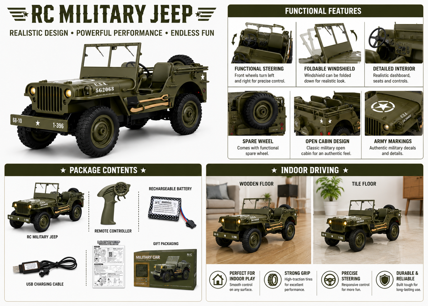 RC Willys Army Jeep 1:10 Scale 4x4 Off-Road Rock Crawler with 2.4GHz Remote Control, LED Lights & Rechargeable Battery | Military RC Jeep for Kids & Adults
