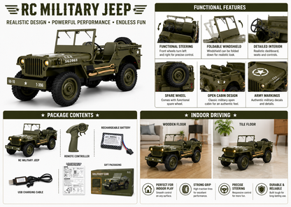 RC Willys Army Jeep 1:10 Scale 4x4 Off-Road Rock Crawler with 2.4GHz Remote Control, LED Lights & Rechargeable Battery | Military RC Jeep for Kids & Adults
