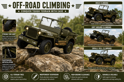 RC Willys Army Jeep 1:10 Scale 4x4 Off-Road Rock Crawler with 2.4GHz Remote Control, LED Lights & Rechargeable Battery | Military RC Jeep for Kids & Adults