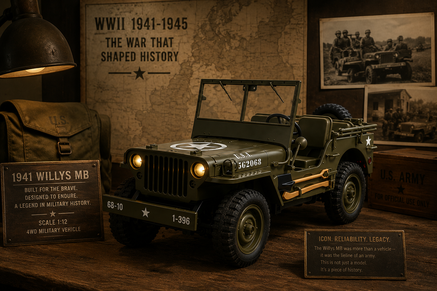 RC Willys Army Jeep 1:10 Scale 4x4 Off-Road Rock Crawler with 2.4GHz Remote Control, LED Lights & Rechargeable Battery | Military RC Jeep for Kids & Adults