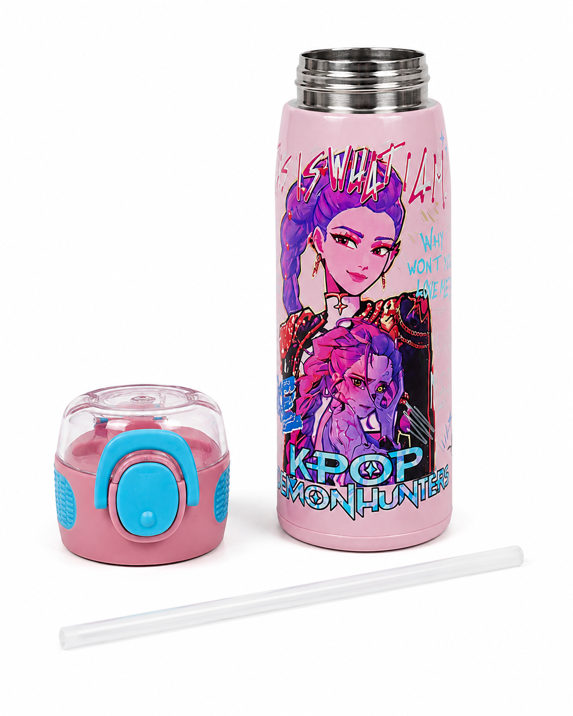 K-Pop Demon Hunters 620ml Vacuum Insulated Stainless Steel Water Bottle with Straw – Pink