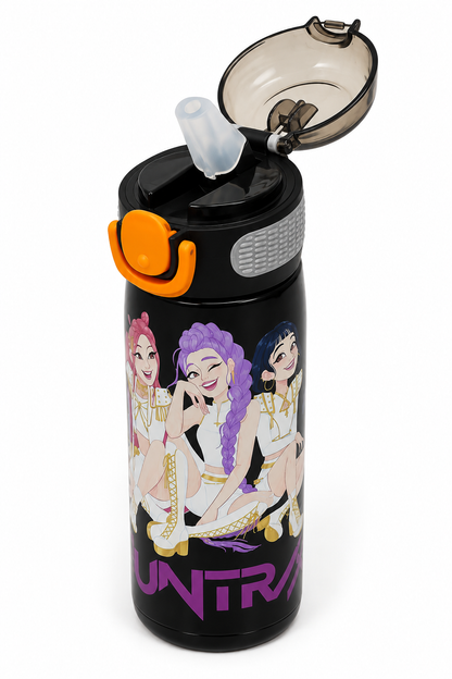 K-Pop Demon Hunters 620ml Vacuum Insulated Stainless Steel Water Bottle with Straw – Black