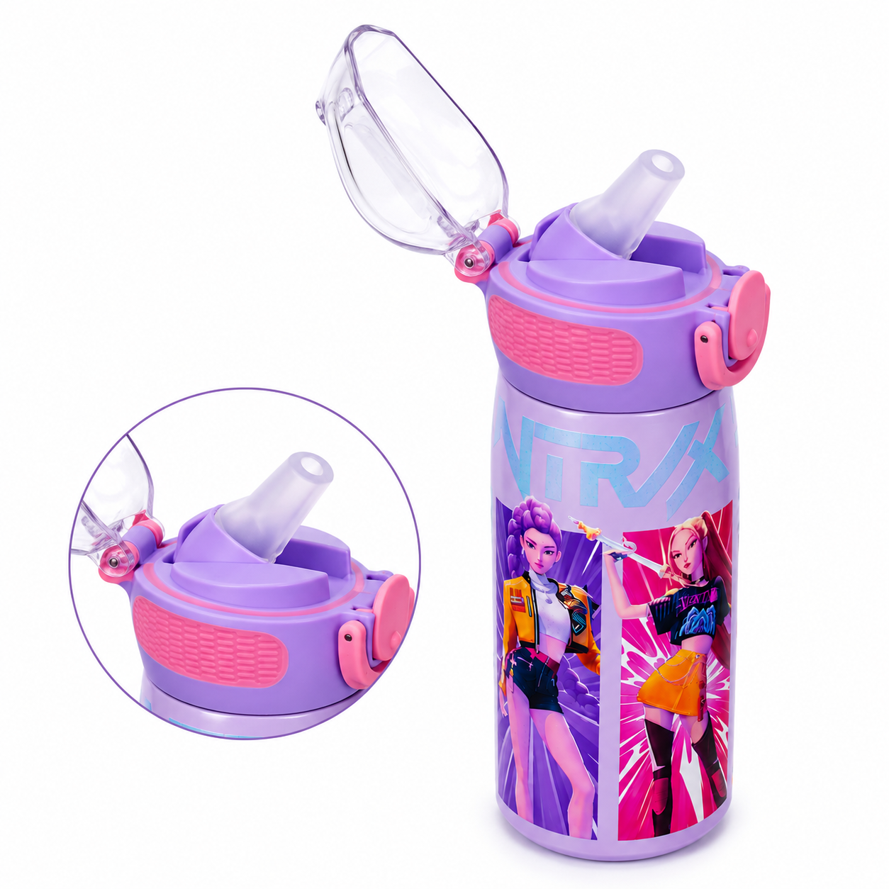K-Pop Demon Hunters 620ml Vacuum Insulated Stainless Steel Water Bottle with Straw – Purple