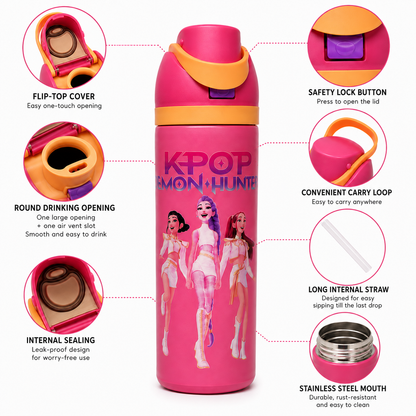 K-Pop Demon Hunters 800ml Vacuum Insulated Stainless Steel Water Bottle with Straw – Pink