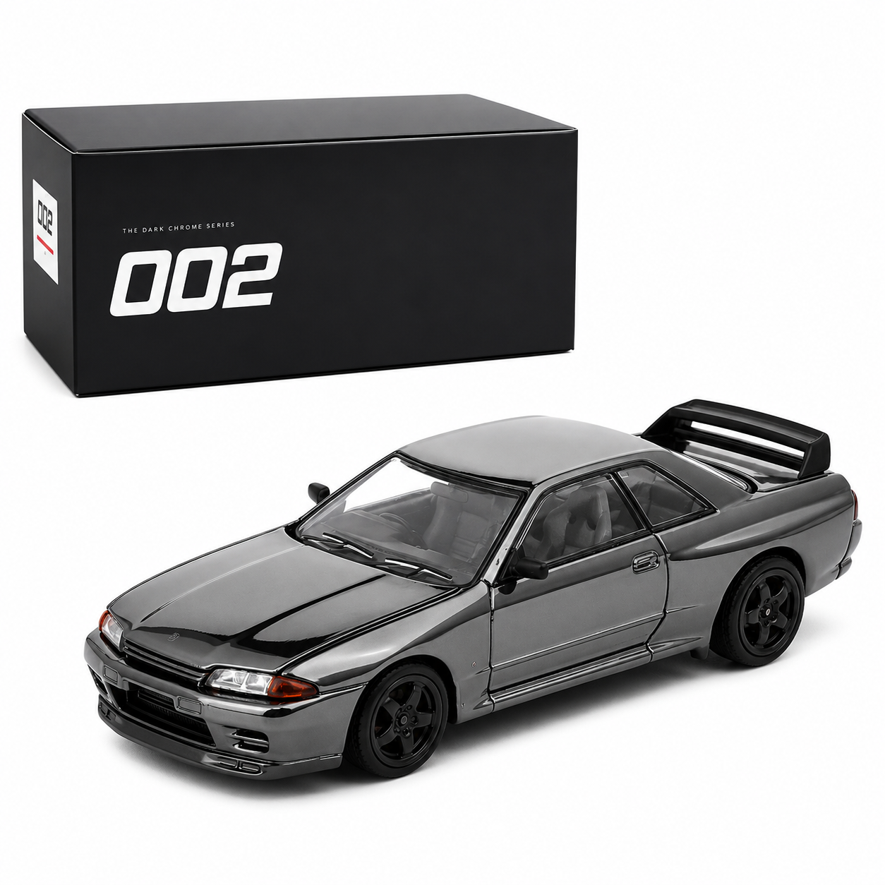 POP RACE 1:64 Nissan Skyline GT-R R32 Dark Chrome 002 Die-Cast Model Car with Display Box – Collector Edition