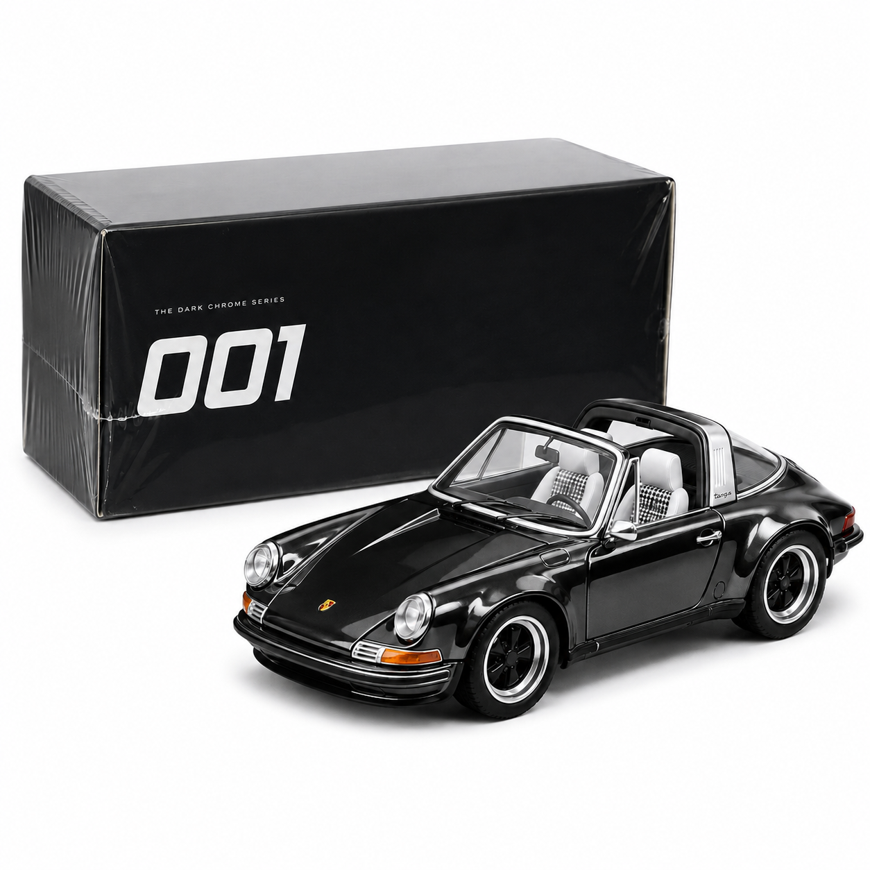 POP RACE 1:64 Singer Targa Dark Chrome Series 001 Die-Cast Model Car – Black