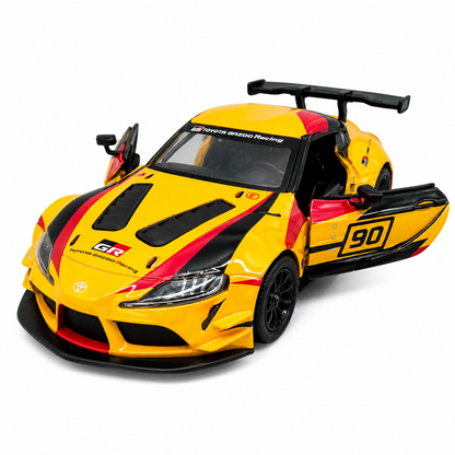 Kinsmart 1:36 Toyota GR Supra Racing Concept Yellow Edition Die-Cast Model Car with Pull Back Action, Openable Doors, #90 Racing Livery & Collectible Sports Car Toy for Kids & Collectors