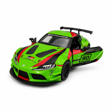 Kinsmart 1:36 Toyota GR Supra Racing Concept Livery Green Edition Die-Cast Metal Model Car with Pull Back Action, Openable Doors, Detailed Racing Graphics & Collectible Sports Car Toy for Kids & Collectors