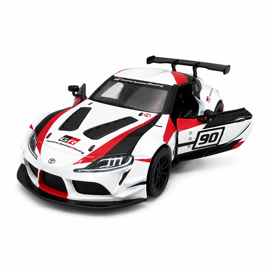 Kinsmart 1:36 Toyota GR Supra Racing Concept Livery White Edition Die-Cast Metal Model Car with Pull Back Action, Openable Doors, #90 Racing Graphics & Collectible Sports Car Toy for Kids & Collectors