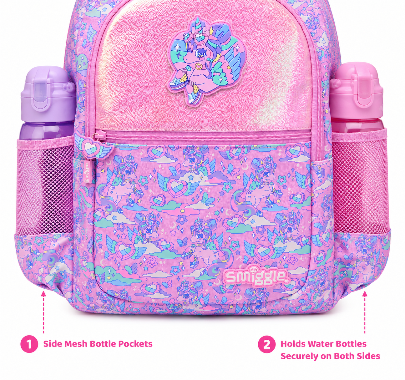 Smiggle Pink Unicorn Kids Backpack for Girls | Cute School Bag with Bottle Pockets