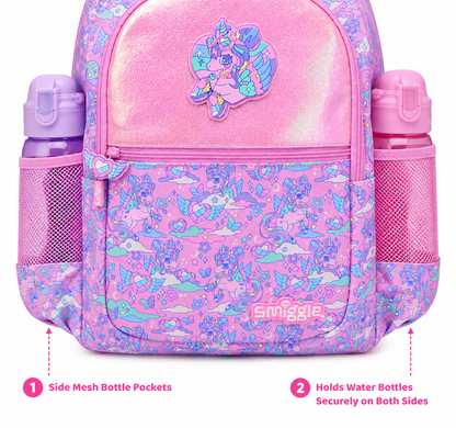 Smiggle Pink Unicorn Kids Backpack for Girls | Cute School Bag with Bottle Pockets