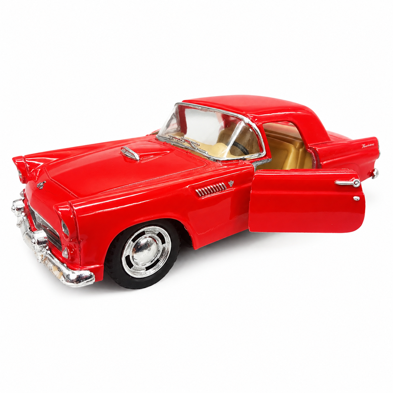 Kinsmart 1:36 1955 Ford Thunderbird Die-Cast Metal Model Car with Openable Doors, Pull-Back Action, Detailed Interior, Chrome-Style Accents & Rubber-Style Tyres – Red Collectible Car