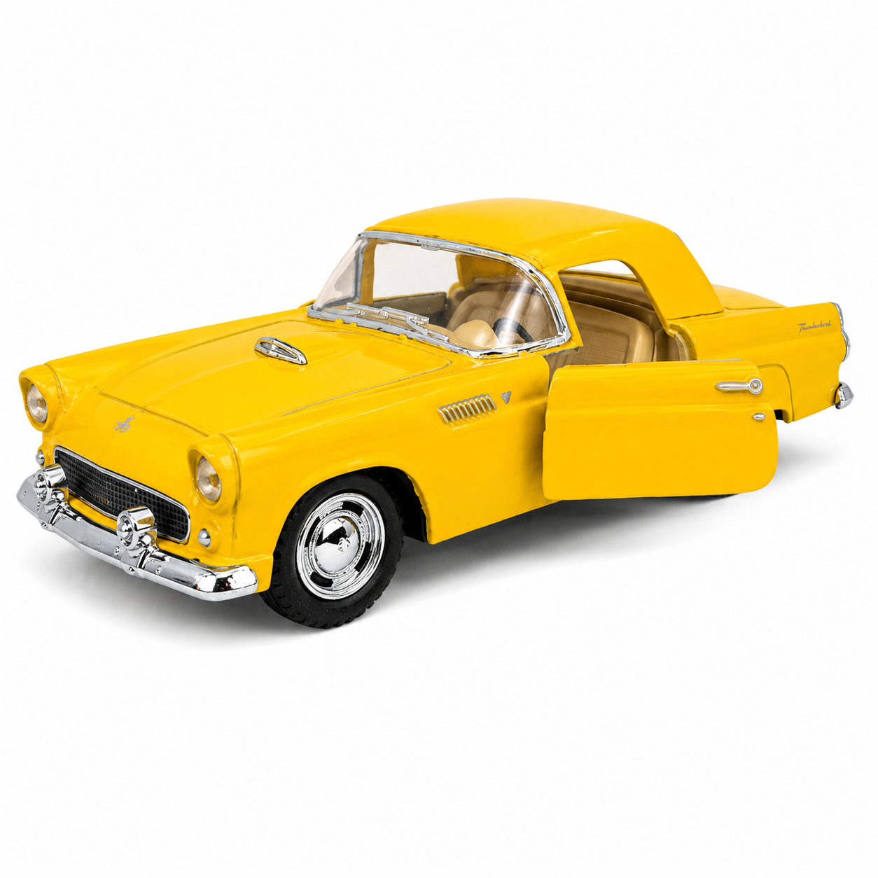 Kinsmart 1:36 1955 Ford Thunderbird Die-Cast Metal Model Car with Openable Doors, Pull-Back Action, Detailed Interior, Chrome-Style Accents & Rubber-Style Tyres – Yellow Collectible Car