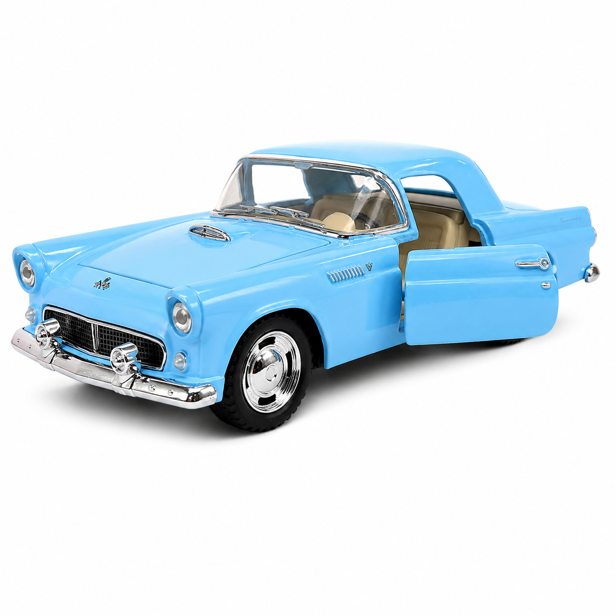 Kinsmart 1:36 1955 Ford Thunderbird Die-Cast Metal Model Car with Openable Doors, Pull-Back Action, Detailed Interior, Chrome-Style Accents & Rubber-Style Tyres – Blue Collectible Car