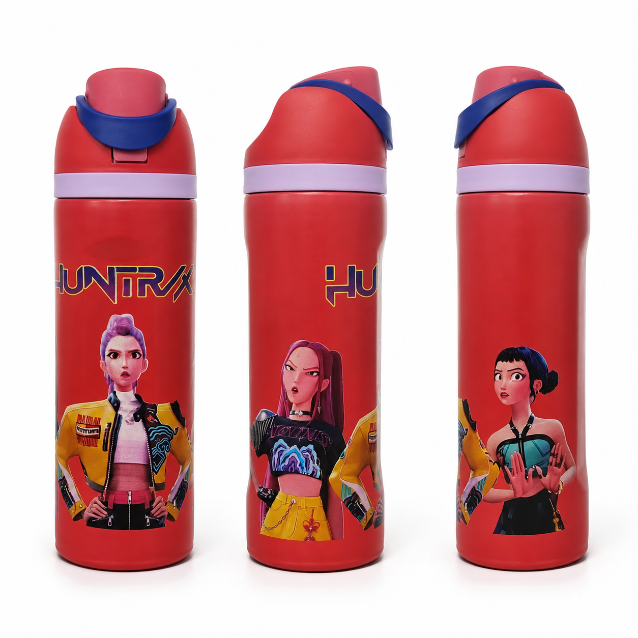 K-Pop Demon Hunters 800ml  Stainless Steel Kids Water Bottle with Straw, Flip-Top Lid & Carry Handle – Red