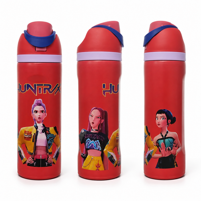 K-Pop Demon Hunters 800ml  Stainless Steel Kids Water Bottle with Straw, Flip-Top Lid & Carry Handle – Red