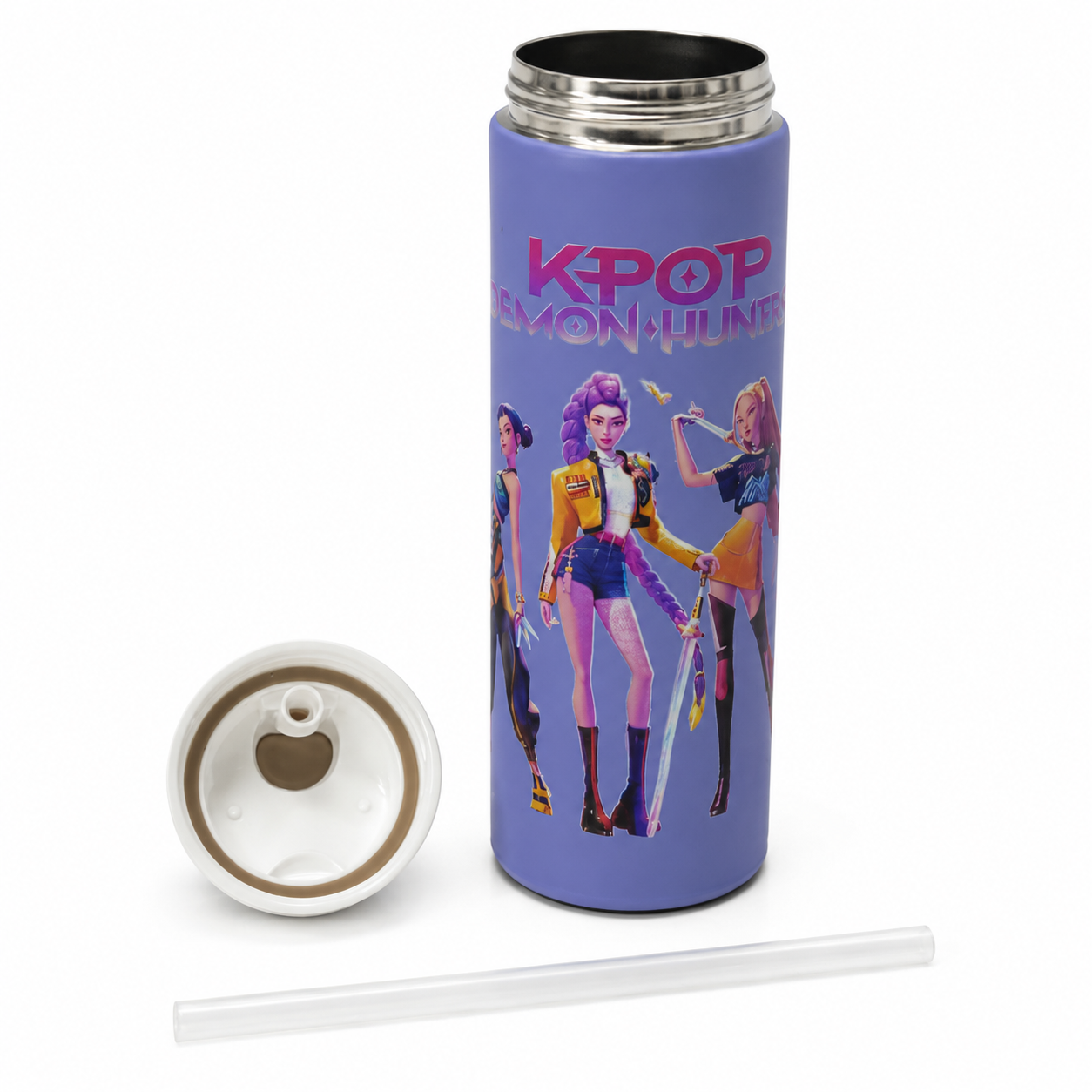 K-Pop Demon Hunters 800ml Stainless Steel Kids Water Bottle with Straw, Flip-Top Lid & Carry Handle – Purple