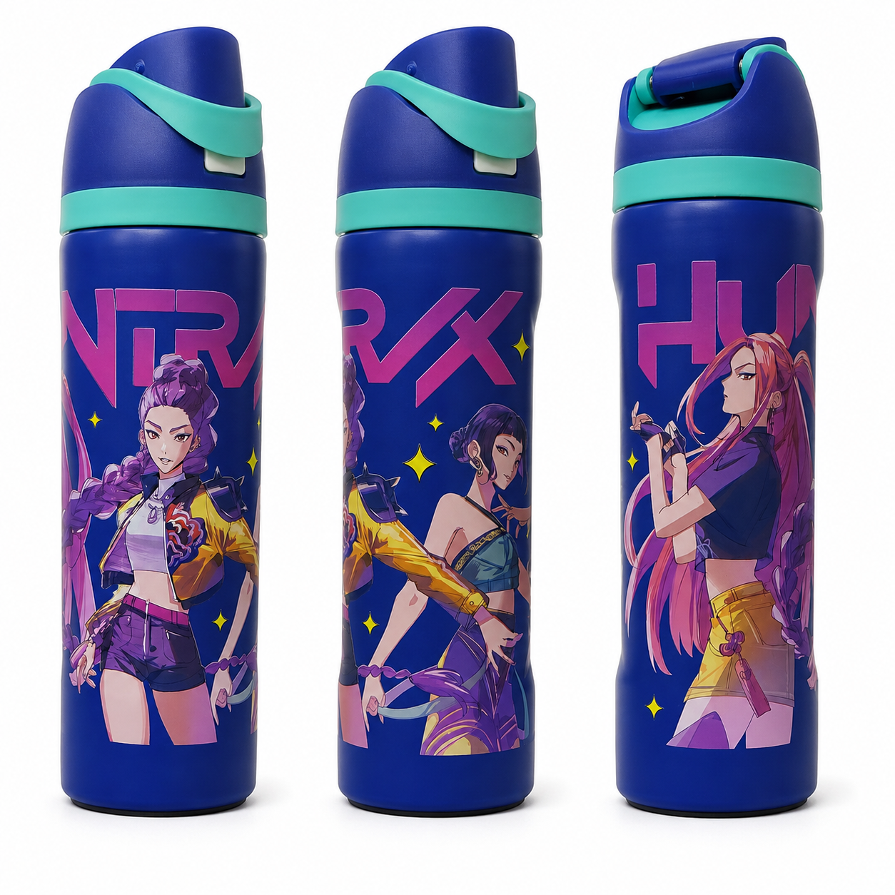 K-Pop Demon Hunters 800ml Stainless Steel Kids Water Bottle with Flip-Top Lid & Carry Handle – Blue